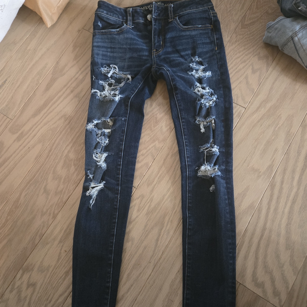 American Eagle Outfitters Blue Skinny Jeans with Distressed Details